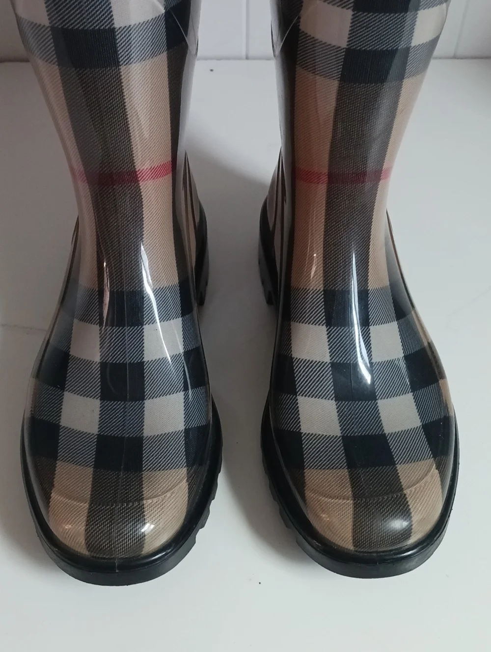 BURBERRY TAN PLAID RUBBER MID CALF RAIN BOOTS.